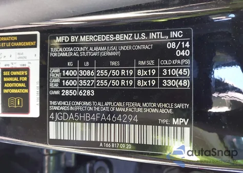 2015 Mercedes-Benz Ml 350 4Matic from USA, damaged, VIN 4JGDA5HB4FA464294